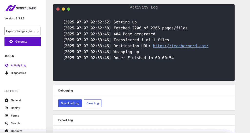 Screen shot of the Activity Log from the Simply Static plugin, showing that 2206 of 2206 pages/files have ben processed.