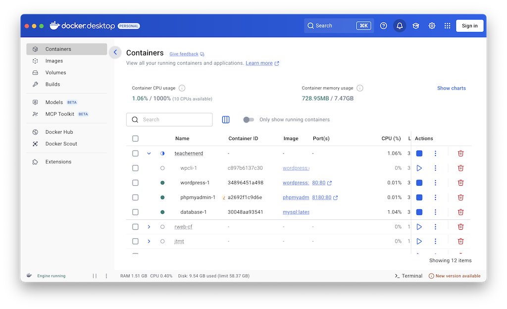 Screen shot from the Docker Desktop application running on a Mac. Several activated containers are visible in the interface.